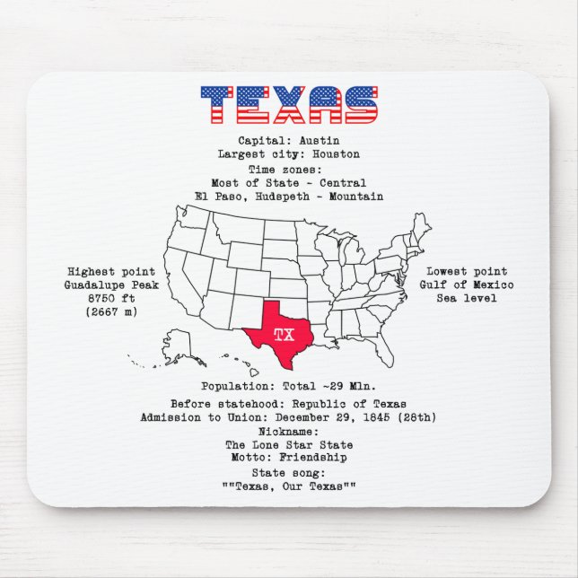 Texas American Staat auf der Karte und nützliche I Mousepad (Vorne)