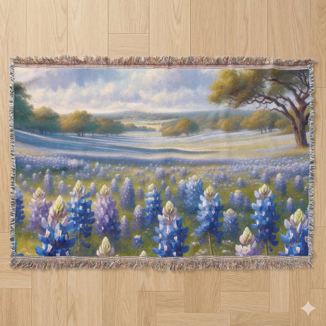 Texas Bluebonnet-Wiesenlandschaft Decke (Texas Bluebonnet Meadow Landscape Throw Blanket Laid Flat)