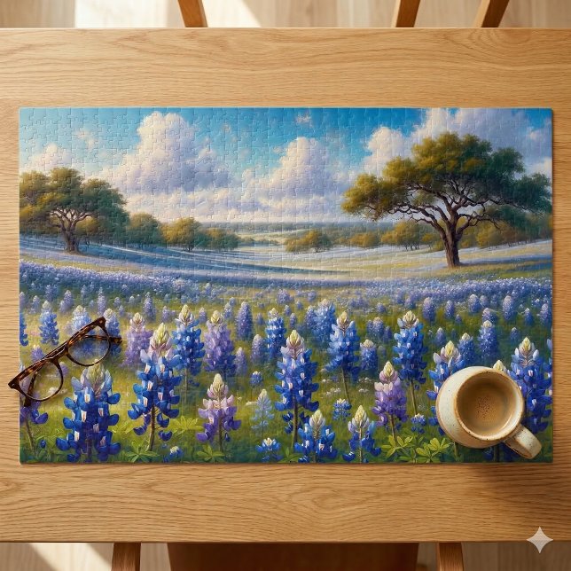 Texas Bluebonnet-Wiesenlandschaft Puzzle (Texas Bluebonnet Meadow Landscape Jigsaw Puzzle On Table)