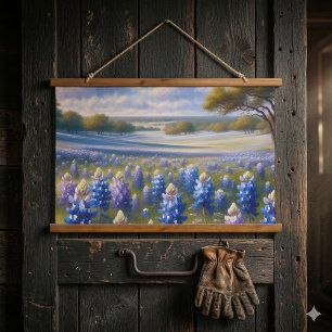 Texas Bluebonnet-Wiesenlandschaft Wandteppich Mit Holzrahmen
