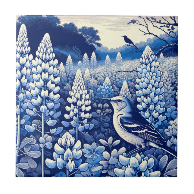 Texas Bluebonnets und Northern Mockingbird Texan Fliese (Vorderseite)