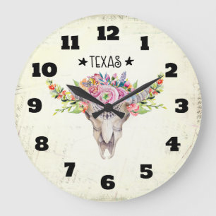 Texas Boho Kuhschädel mit Blume Chic Trendy Große Wanduhr
