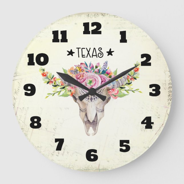 Texas Boho Kuhschädel mit Blume Chic Trendy Große Wanduhr (Vorderseite)