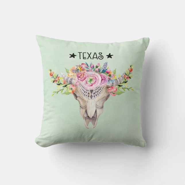 Texas Boho Kuhschädel mit Blume Chic Trendy Kissen (Vorderseite)