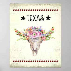 Texas Boho Kuhschädel mit Blume Chic Trendy Poster