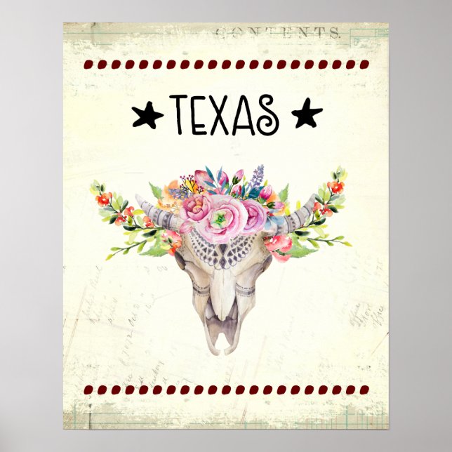 Texas Boho Kuhschädel mit Blume Chic Trendy Poster (Vorne)