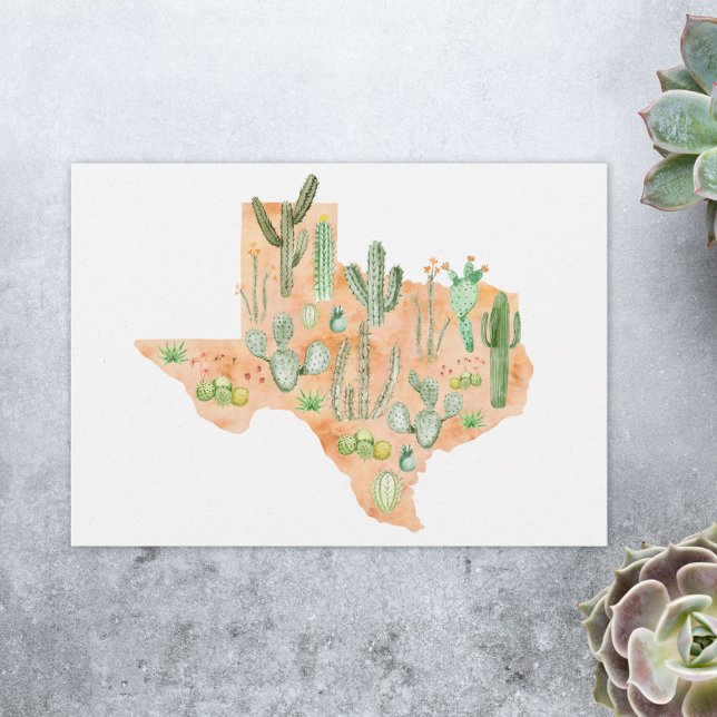 Texas Cactus Watercolor Illustration Map Flat Karte (Close up)