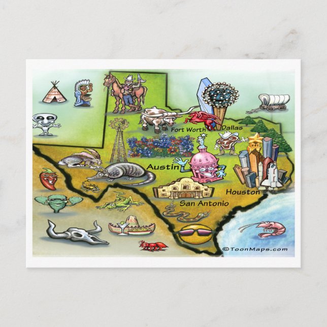 Texas Cartoon Map Postcard Postkarte (Vorderseite)