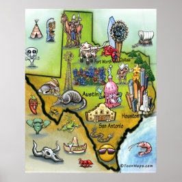 Texas Cartoon Map Poster
