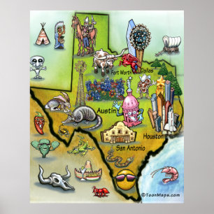 Texas Cartoon Map Poster