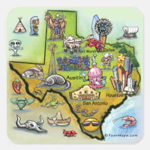 Texas Cartoon Map Quadratischer Aufkleber