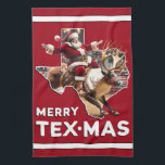 Texas Christmas Merry Texmas Santa Reindeer Rodeo Geschirrtuch<br><div class="desc">Ein lustiges Texas Weihnachtsküchentuch für stolze Texaner,  mit einem einzigartigen Bild von Santa Clause,  die ein Rentier wie ein buckliges Bronco in einem texanischen Rodeo reiten. Ideal für Geschenke während der Weihnachtszeit für Freunde und Familie in Texas,  besonders wenn sie genießen die Rodeo!</div>