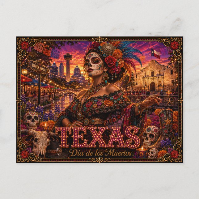 Texas Día de los Muertos Retro Postkarte (Vorderseite)