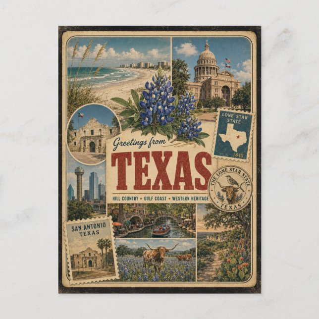 Texas Echtes Vintage-Style Postkarte (Vorderseite)