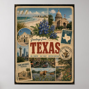Texas Echtes Vintage-Style Postkarte Poster