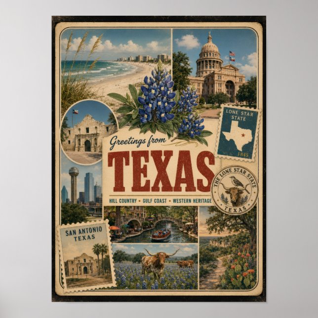 Texas Echtes Vintage-Style Postkarte Poster (Vorne)