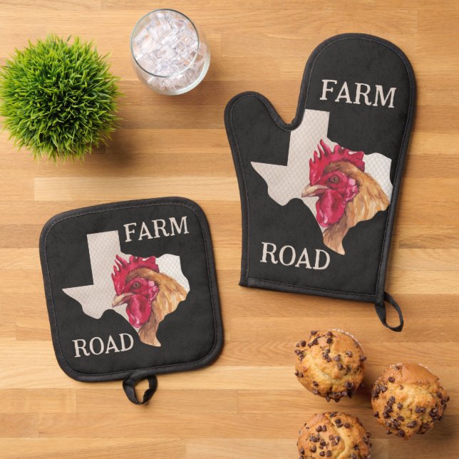 Texas Farm Road Chicken Ofenhandschuh & Topflappen-Set (Oben Unten)