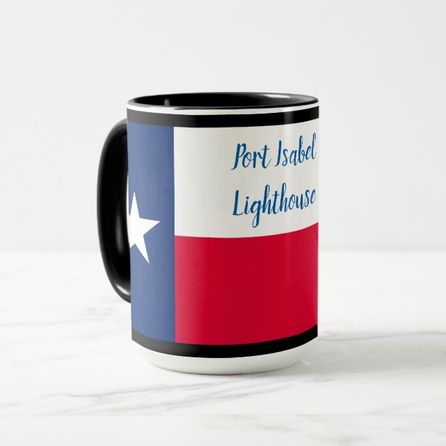 Texas Flag & Port Isabel Leuchtturm auf schwarz Tasse (Vorderseite Links)