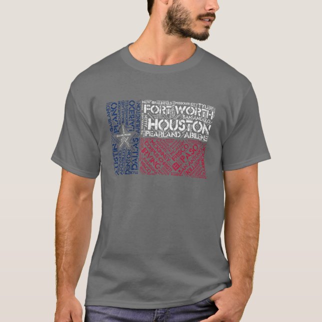 Texas-Flagge mit Stadtbezeichnungen Word Art T-Shirt (Vorderseite)