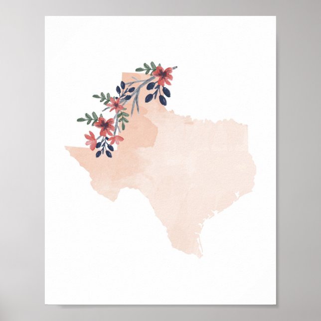 Texas Floral Watercolor Staat Poster (Vorne)