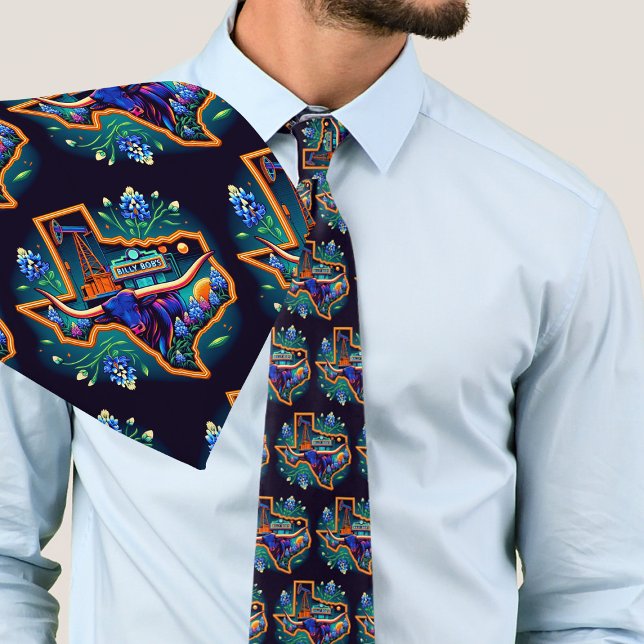 Texas Form Longhorn Ölpumpe Bluebonnets Krawatte (Texas Themed Necktie Colorful Longhorn Steer and Bluebonnets in the shape of Texas)