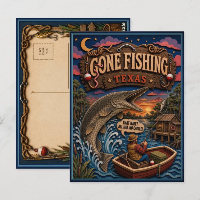 Texas Gone Fishing Alligator Gar Postkarte (Vorne/Hinten)