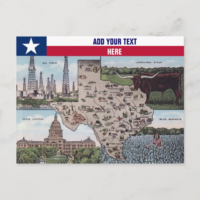 Texas Greetings Postcard - Staat Map & Views Postkarte (Vorderseite)