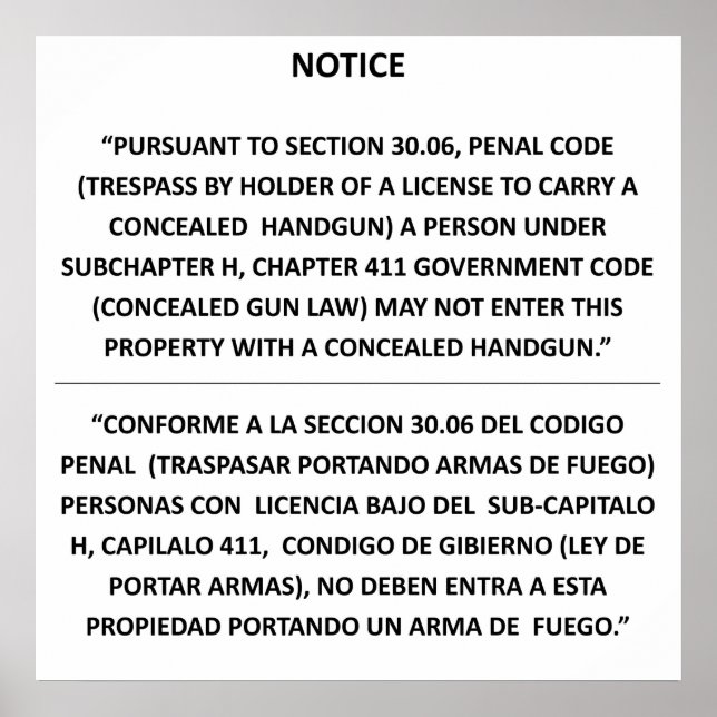 Texas Gun Law - Basic White - Verdeckte Carry Poster (Vorne)