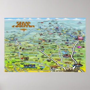 Texas Hill Country Cartoon Karte Poster