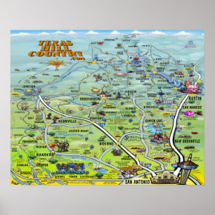 Texas-Hügel-Land-Cartoon-Karte Poster