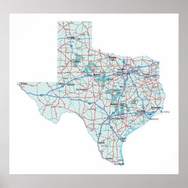 Texas Interstate Map Print Poster (Vorne)