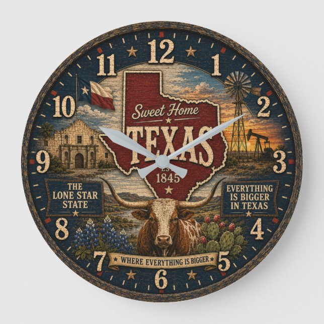 Texas  Lone Star State RusticGift for Home Ranch Große Wanduhr (Vorderseite)