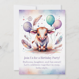 Texas Long Calf Birthday Invitation Pastel Boho Einladung