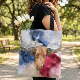 Texas Longhorn Aquarell mit Flaggen-Karten-Kunst