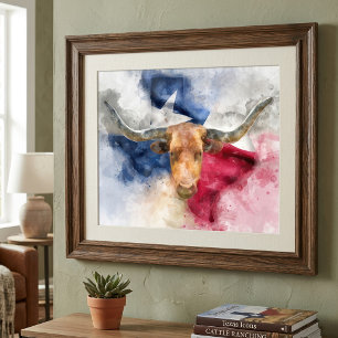 Texas Longhorn Aquarell mit Flaggen-Karten-Kunst Fotodruck