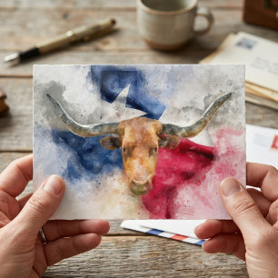 Texas Longhorn Aquarell mit Flaggen-Karten-Kunst Postkarte