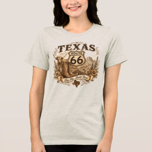 Texas Longhorn Cowboy-Stiefel Route 66 Retro Sepia Tri-Blend Shirt