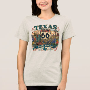 Texas Longhorn Florale Cowboy-Stiefel Route 66 Ret Tri-Blend Shirt