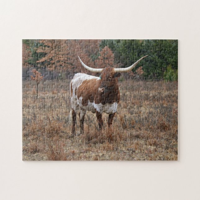 Texas Longhorn Kuh im Herbst Weidenfarm Art Puzzle (Horizontal)