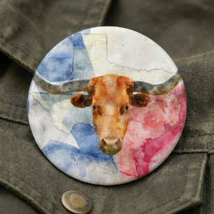 Texas Longhorn Kuh und Flagge Wasserfarben-Kunstwe Button