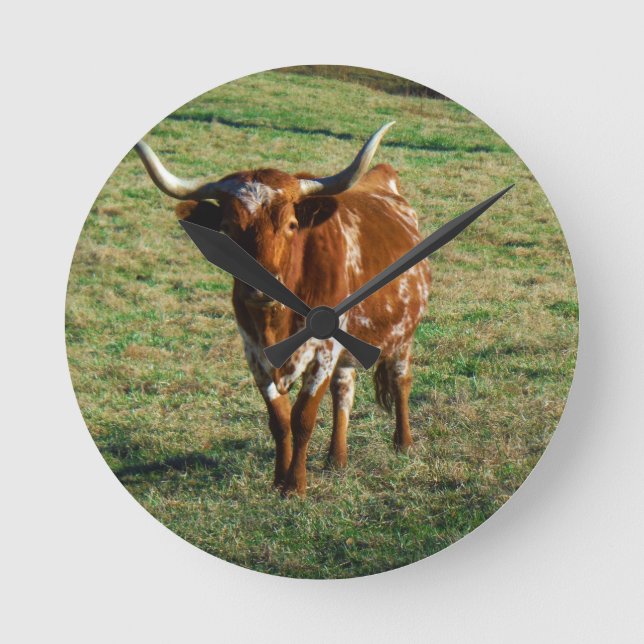 Texas Longhorn Rinderkuh Foto Rustikal Runde Wanduhr (Vorderseite)