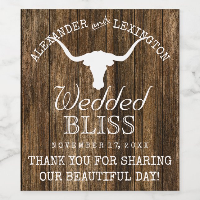 Texas Longhorn Rustic Country Ranch Hochzeit Weinetikett (Einzelnes Label)