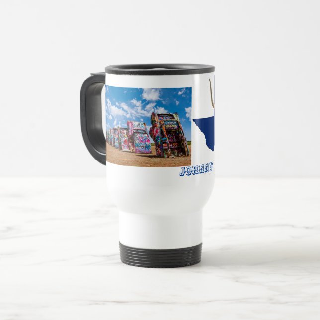 Texas Longhorns & Cadillac Ranch Reisebecher (Vorderseite Links)