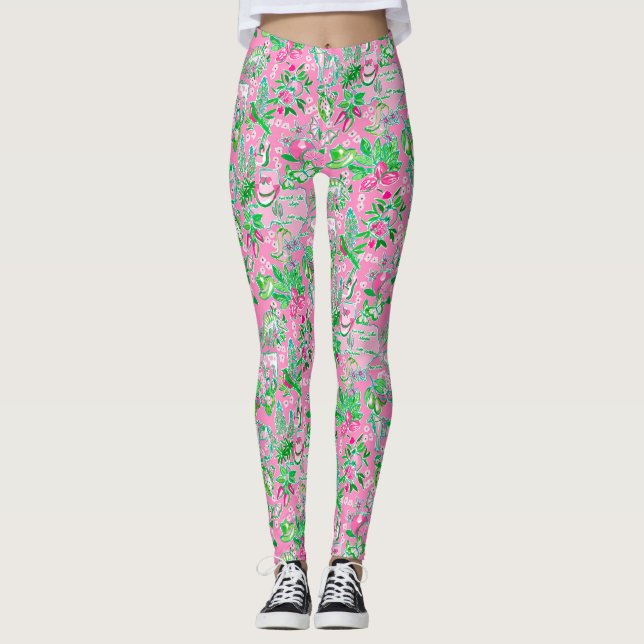 Texas Map Pink & Green Preppy Muster Leggings (Vorderseite)