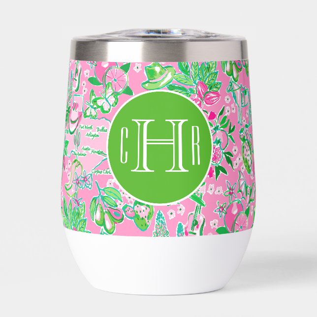 Texas Map Pink & Green Preppy Muster Mit Monogramm (Vorderseite)