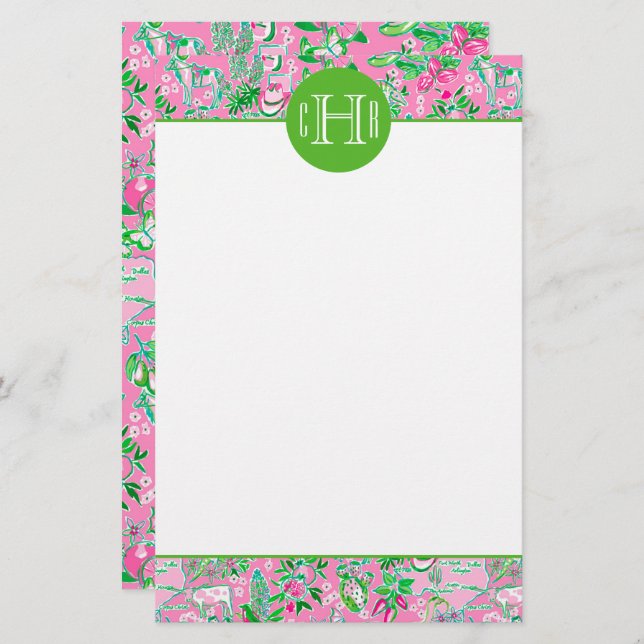 Texas Map Pink & Green Preppy Muster Mit Monogramm Briefpapier (Vorne/Hinten)