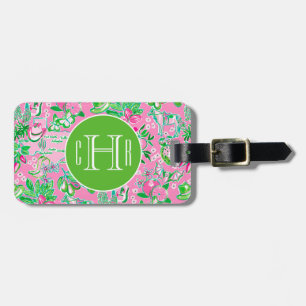 Texas Map Pink & Green Preppy Muster Mit Monogramm Gepäckanhänger