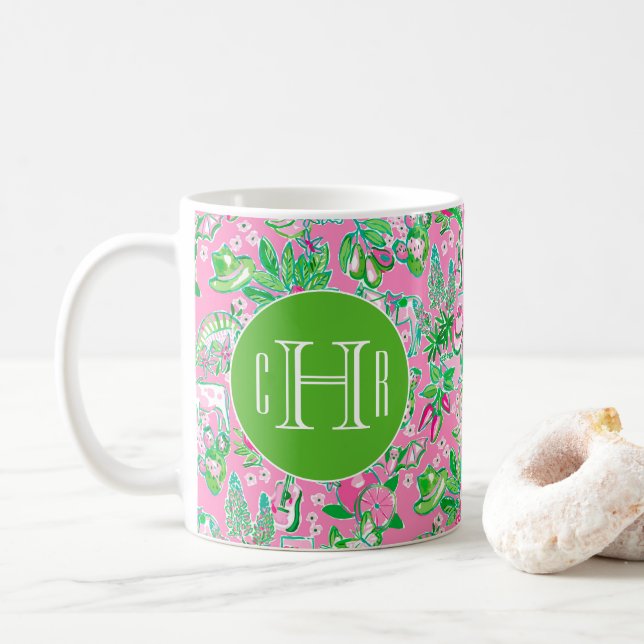 Texas Map Pink & Green Preppy Muster Mit Monogramm Kaffeetasse (Mit Donut)