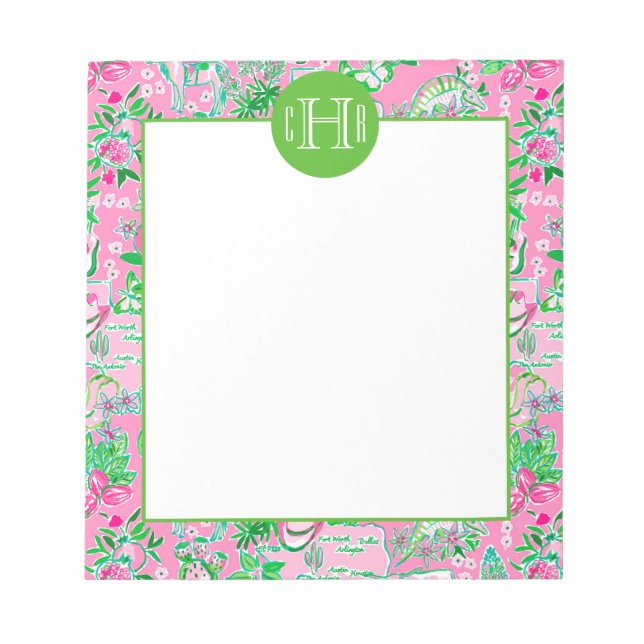 Texas Map Pink & Green Preppy Muster Mit Monogramm Notizblock (Vorderseite)