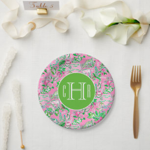 Texas Map Pink & Green Preppy Muster Mit Monogramm Pappteller